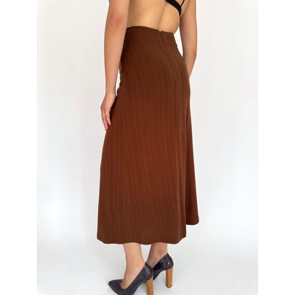90s vintage brown Morgan belted casual dressy pleated high rise long midi skirt - Picture 3 of 8